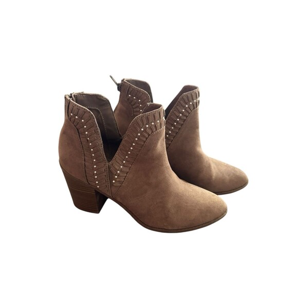 Womens Beige Suede Cutout Ankle Booties Block Heel, Report Sz 10 Studded Cowgirl - Picture 5 of 10